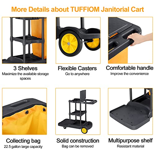 TUFFIOM Commercial Traditional Cleaning Janitorial 3-Shelf Cart, 500 Lbs Capacity Housekeeping Cart, 42.5"L x 18.7"W x 37.6"H , Wheeled with 22 Gallon Zippered Yellow VinylBag and Cover w Lid , Black