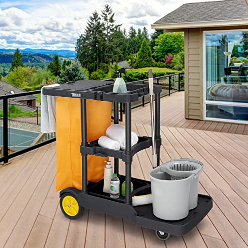 TUFFIOM Commercial Traditional Cleaning Janitorial 3-Shelf Cart, 500 Lbs Capacity Housekeeping Cart, 42.5"L x 18.7"W x 37.6"H , Wheeled with 22 Gallon Zippered Yellow VinylBag and Cover w Lid , Black