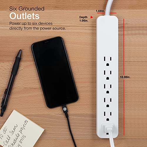 GE 6-Outlet Surge Protector, 4 Ft Extension Cord, 840 Joules, Power Strip, Flat Plug, Integrated Circuit Breaker, Wall Mount, UL Listed, White, 37210