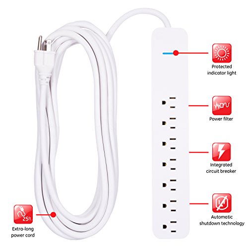 GE Pro 7-Outlet Surge Protector, 25 Ft Extension Cord, 1080 Joules, Power Strip, Protected Indicator Light, Integrated Circuit Breaker, Wall Mount, UL Listed, White, 36361
