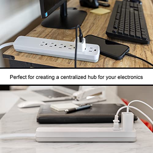 GE 6-Outlet Surge Protector, 4 Ft Extension Cord, 840 Joules, Power Strip, Flat Plug, Integrated Circuit Breaker, Wall Mount, UL Listed, White, 37210