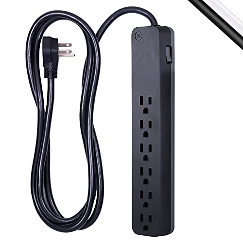 GE 6-Outlet Surge Protector, 6 Ft Extension Cord, 1080 Joules, Power Strip, Flat Plug, Integrated Circuit Breaker, Wall Mount, UL Listed, Black, 37211