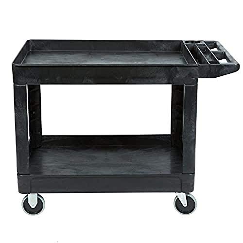 Rubbermaid Commercial Products 2-Shelf Utility/Service Cart, Medium, Lipped Shelves, Storage Handle, 500 lbs. Capacity, for Warehouse/Garage/Cleaning/Manufacturing (FG452089BLA)