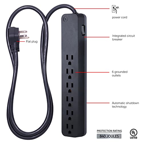 GE 6-Outlet Surge Protector, 6 Ft Extension Cord, 1080 Joules, Power Strip, Flat Plug, Integrated Circuit Breaker, Wall Mount, UL Listed, Black, 37211