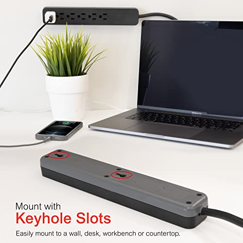 GE 6-Outlet Surge Protector, 6 Ft Extension Cord, 1080 Joules, Power Strip, Flat Plug, Integrated Circuit Breaker, Wall Mount, UL Listed, Black, 37211