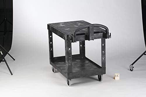 Rubbermaid Commercial Products 2-Shelf Utility/Service Cart, Medium, Flat Shelves, Ergonomic Handle, 500 lbs. Capacity, for Warehouse/Garage/Cleaning/Manufacturing (FG452500BLA)
