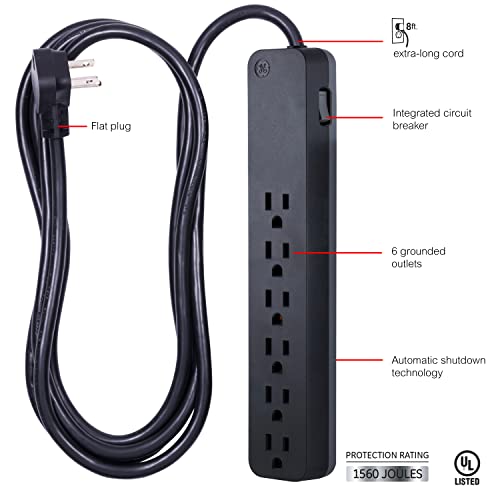 GE Pro 6-Outlet Surge Protector, 8 Ft Extension Cord, 1560 Joules, Power Strip, Flat Plug, Integrated Circuit Breaker, Wall Mount, UL Listed, Black, 37052
