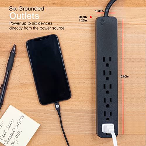 GE Pro 6-Outlet Surge Protector, 8 Ft Extension Cord, 1560 Joules, Power Strip, Flat Plug, Integrated Circuit Breaker, Wall Mount, UL Listed, Black, 37052