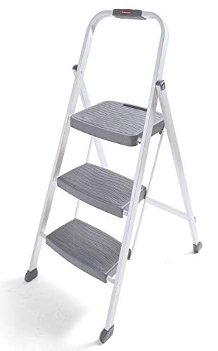 Rubbermaid RM-3W-2W Steel Frame 3 Folding Stool with Hand Grip and Plastic Steps, 250-Pound Capacity, White Finish