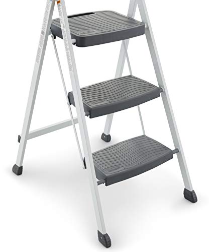 Rubbermaid RM-3W-2W Steel Frame 3 Folding Stool with Hand Grip and Plastic Steps, 250-Pound Capacity, White Finish