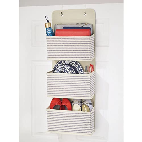 mDesign Fabric Hanging Organizers for Over The Door Storage in Bedroom/Hallway Closets - 3 Pocket Organizer Caddy, Hooks for Clothing, Accessories, Stripe Print - Lido Collection Natural/Cobalt Blue