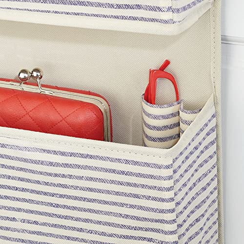 mDesign Fabric Hanging Organizers for Over The Door Storage in Bedroom/Hallway Closets - 3 Pocket Organizer Caddy, Hooks for Clothing, Accessories, Stripe Print - Lido Collection Natural/Cobalt Blue