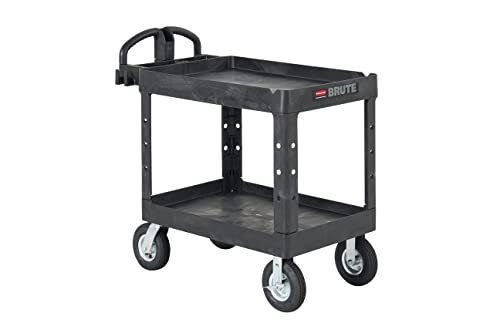 Rubbermaid Commercial Products 2-Shelf Utility/Service Cart, Medium, Lipped Shelves, Ergonomic Handle, Pneumatic Casters, 500 lbs. Capacity, for Warehouse/Garage/Cleaning/Manufacturing (FG452010BLA)