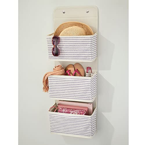 mDesign Fabric Hanging Organizers for Over The Door Storage in Bedroom/Hallway Closets - 3 Pocket Organizer Caddy, Hooks for Clothing, Accessories, Stripe Print - Lido Collection Natural/Cobalt Blue
