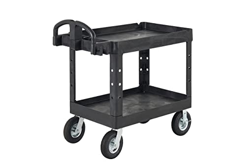 Rubbermaid Commercial Products 2-Shelf Utility/Service Cart, Medium, Lipped Shelves, Ergonomic Handle, Pneumatic Casters, 500 lbs. Capacity, for Warehouse/Garage/Cleaning/Manufacturing (FG452010BLA)