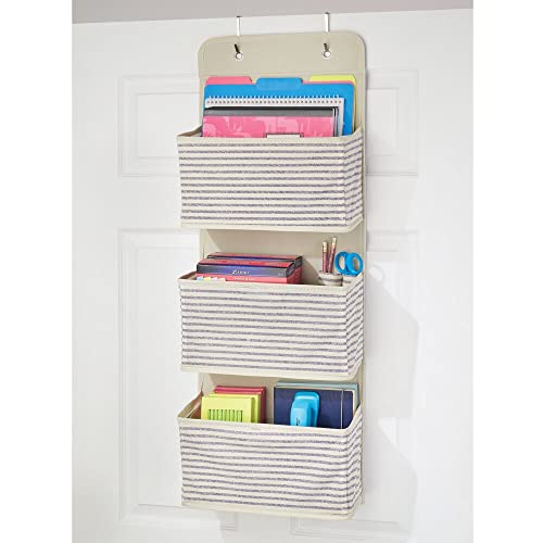 mDesign Fabric Hanging Organizers for Over The Door Storage in Bedroom/Hallway Closets - 3 Pocket Organizer Caddy, Hooks for Clothing, Accessories, Stripe Print - Lido Collection Natural/Cobalt Blue