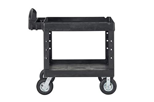 Rubbermaid Commercial Products 2-Shelf Utility/Service Cart, Medium, Lipped Shelves, Ergonomic Handle, Pneumatic Casters, 500 lbs. Capacity, for Warehouse/Garage/Cleaning/Manufacturing (FG452010BLA)