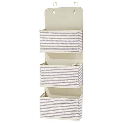 mDesign Fabric Hanging Organizers for Over The Door Storage in Bedroom/Hallway Closets - 3 Pocket Organizer Caddy, Hooks for Clothing, Accessories, Stripe Print - Lido Collection Natural/Cobalt Blue