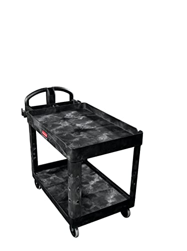 Rubbermaid Commercial Products 2-Shelf Utility/Service Cart, Medium, Lipped Shelves, Ergonomic Handle, 500 Lbs Capacity, for Warehouse/Garage/Cleaning/Manufacturing (FG452088BlA)