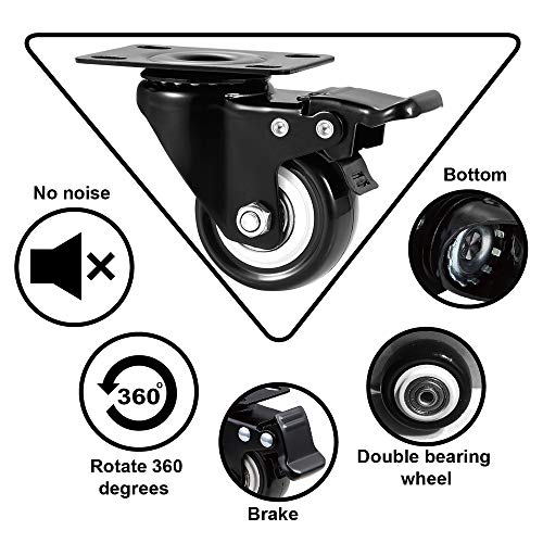 ASHGOOB 2" Caster Wheels Set of 8, Heavy Duty Casters with Brake, No Noise Locking Casters with Polyurethane (PU) Wheels, Swivel Plate Castors Pack of 8