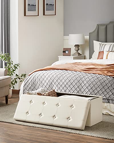 SONGMICS 43 Inches Folding Storage Ottoman Bench, Storage Chest, Footrest, Coffee Table, Padded Seat, Faux Leather, Holds up to 660 lb, Beige ULSF70M