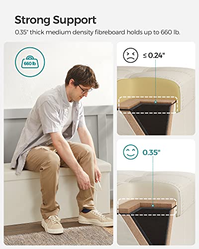 SONGMICS 43 Inches Folding Storage Ottoman Bench, Storage Chest, Footrest, Coffee Table, Padded Seat, Faux Leather, Holds up to 660 lb, Beige ULSF70M