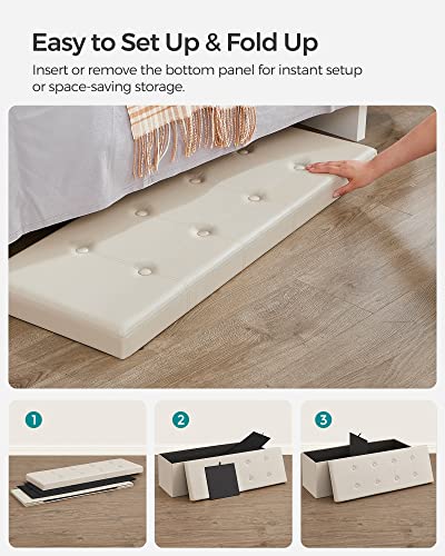 SONGMICS 43 Inches Folding Storage Ottoman Bench, Storage Chest, Footrest, Coffee Table, Padded Seat, Faux Leather, Holds up to 660 lb, Beige ULSF70M