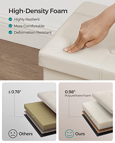 SONGMICS 43 Inches Folding Storage Ottoman Bench, Storage Chest, Footrest, Coffee Table, Padded Seat, Faux Leather, Holds up to 660 lb, Beige ULSF70M