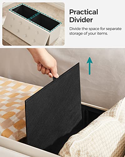 SONGMICS 43 Inches Folding Storage Ottoman Bench, Storage Chest, Footrest, Coffee Table, Padded Seat, Faux Leather, Holds up to 660 lb, Beige ULSF70M