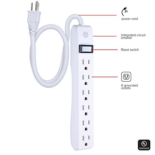 GE 6-Outlet Power Strip, 2 Ft Extension Cord, Heavy Duty Plug, Grounded, Integrated Circuit Breaker, 3-Prong, Wall Mount, UL Listed, White, 14830
