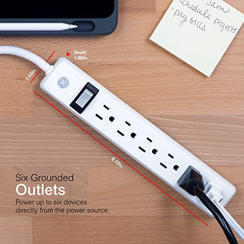 GE 6-Outlet Power Strip, 2 Ft Extension Cord, Heavy Duty Plug, Grounded, Integrated Circuit Breaker, 3-Prong, Wall Mount, UL Listed, White, 14830