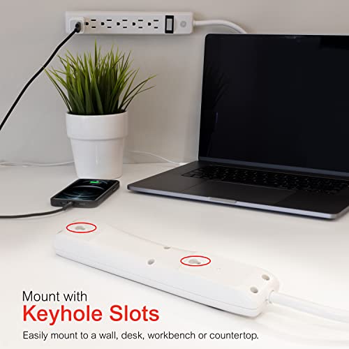 GE 6-Outlet Power Strip, 2 Ft Extension Cord, Heavy Duty Plug, Grounded, Integrated Circuit Breaker, 3-Prong, Wall Mount, UL Listed, White, 14830
