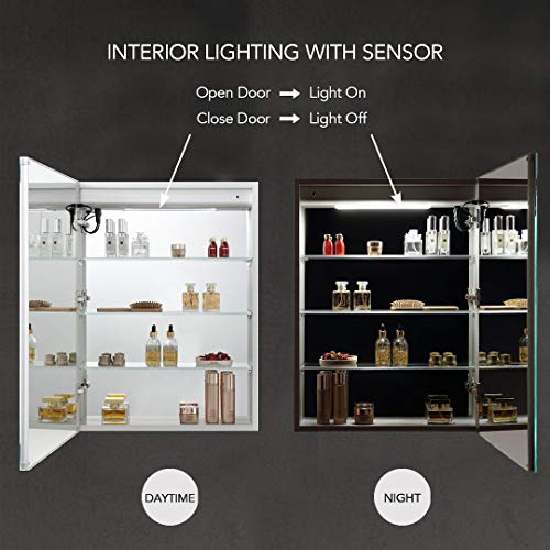 Blossom Recessed or Surface 20 Inch LED Lighted Mirror Medicine Cabinet with Lights, LED Medicine Cabinet with Defogger, Dimmer, Outlets & USB Ports (20x32/Right Hinge)