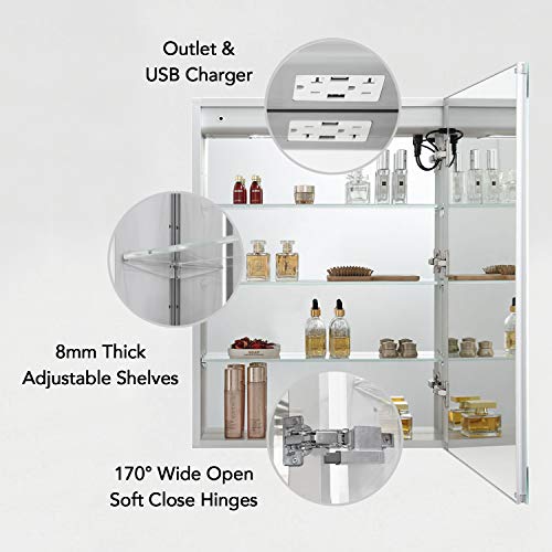 Blossom Recessed or Surface 20 Inch LED Lighted Mirror Medicine Cabinet with Lights, LED Medicine Cabinet with Defogger, Dimmer, Outlets & USB Ports (20x32/Right Hinge)