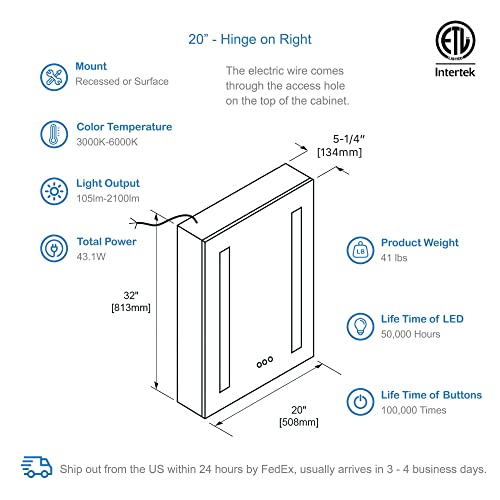 Blossom Recessed or Surface 20 Inch LED Lighted Mirror Medicine Cabinet with Lights, LED Medicine Cabinet with Defogger, Dimmer, Outlets & USB Ports (20x32/Right Hinge)