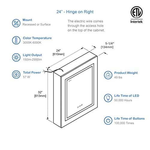 Blossom Recessed or Surface LED Mirror Medicine Cabinet with Lights, LED Medicine Cabinet w/Defogger, Dimmer, 3X Makeup Mirror, Outlets & USB (24x32/Right Hinge/Zoom Mirror)
