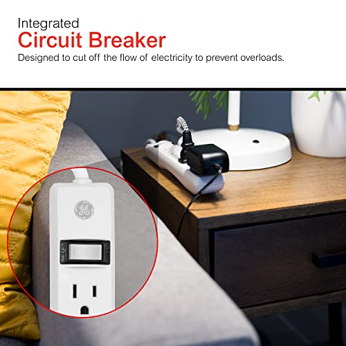 GE 6-Outlet Power Strip, 2 Pack, 2 Ft Extension Cord, Heavy Duty Plug, Grounded, Integrated Circuit Breaker, 3-Prong, Wall Mount, UL Listed, White, 14833