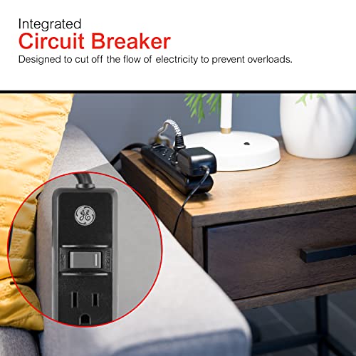 GE 6-Outlet Power Strip, 12 Ft Extension Cord, Flat Plug, Grounded, Integrated Circuit Breaker, 3-Prong, Wall Mount, UL Listed, Black, 45192