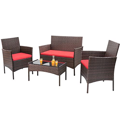 Homall 4 Pieces Patio Rattan Chair Wicker, Outdoor Indoor Use Backyard Porch Garden Poolside Balcony Furniture Sets (Red)