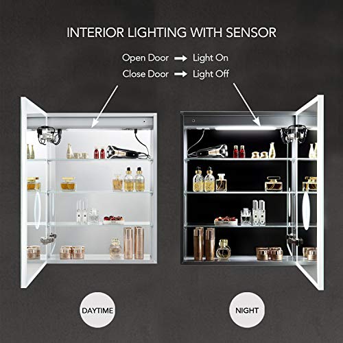 Blossom Recessed or Surface Lighted Mirror Medicine Cabinet with Lights, LED Medicine Cabinet w/Defogger, Dimmer, 3X Makeup Mirror, Outlets & USB (24x32/Left Hinge/Zoom Mirror)