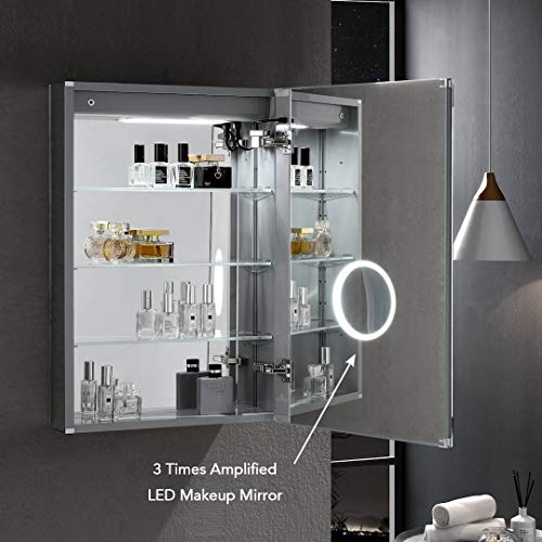 Blossom Recessed or Surface LED Mirror Medicine Cabinet with Lights, LED Medicine Cabinet w/Defogger, Dimmer, 3X Makeup Mirror, Outlets & USB (24x32/Right Hinge/Zoom Mirror)