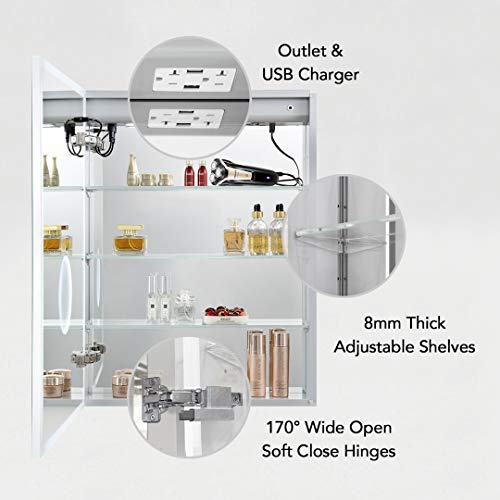 Blossom Recessed or Surface Lighted Mirror Medicine Cabinet with Lights, LED Medicine Cabinet w/Defogger, Dimmer, 3X Makeup Mirror, Outlets & USB (24x32/Left Hinge/Zoom Mirror)