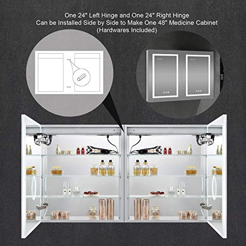 Blossom Recessed or Surface LED Mirror Medicine Cabinet with Lights, LED Medicine Cabinet w/Defogger, Dimmer, 3X Makeup Mirror, Outlets & USB (24x32/Right Hinge/Zoom Mirror)