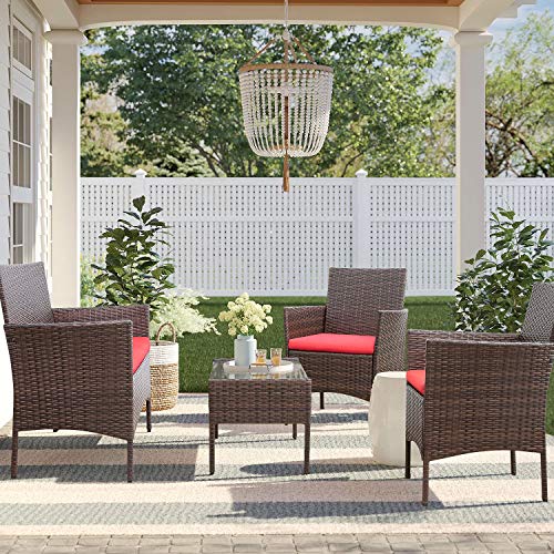 Homall 4 Pieces Patio Rattan Chair Wicker, Outdoor Indoor Use Backyard Porch Garden Poolside Balcony Furniture Sets (Red)