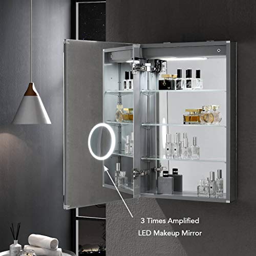 Blossom Recessed or Surface Lighted Mirror Medicine Cabinet with Lights, LED Medicine Cabinet w/Defogger, Dimmer, 3X Makeup Mirror, Outlets & USB (24x32/Left Hinge/Zoom Mirror)