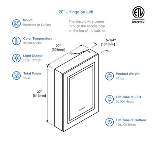 Blossom Recessed or Surface LED Mirror Medicine Cabinet with Lights, LED Medicine Cabinet w/Defogger, Dimmer, 3X Makeup Mirror, Outlets & USB (20x32/Left Hinge/Zoom Mirror)