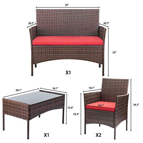 Homall 4 Pieces Patio Rattan Chair Wicker, Outdoor Indoor Use Backyard Porch Garden Poolside Balcony Furniture Sets (Red)