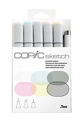 Copic Sketch, Alcohol-based Markers, 5 pcs + Multiliner Pen, Blending Basics