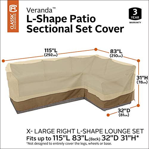 Classic Accessories Veranda Water-Resistant 115 Inch Patio Right-Facing Sectional Lounge Set Cover, Patio Furniture Covers, Pebble/Bark/Earth