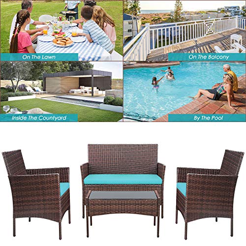 Homall 4 Pieces Patio Rattan Chair Wicker, Outdoor Indoor Use Backyard Porch Garden Poolside Balcony Furniture Sets (Blue)